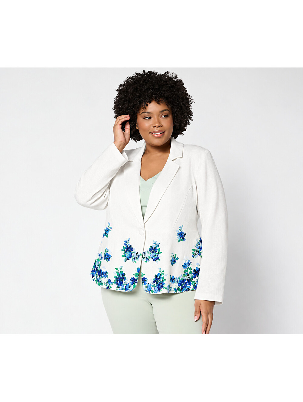 Isaac Mizrahi Live! Linen Blend Border Print Single Breasted Blazer White, 4X